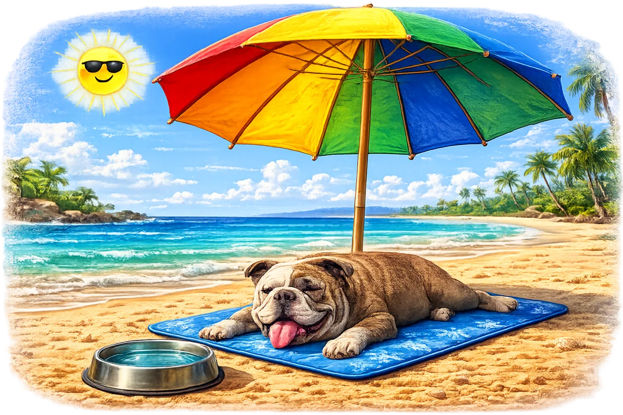 Ein Old English Bulldog liegt an einem heißen Sommertag auf einer blauen Kühlmatte unter einem bunten Sonnenschirm am Strand, daneben ein Wassernapf