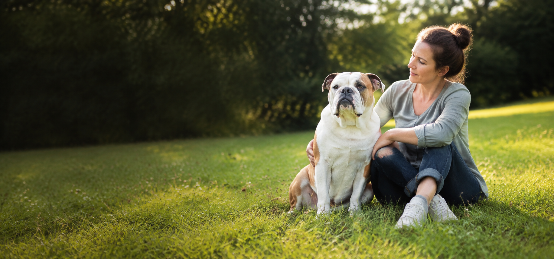 Dog with owner on a meadow